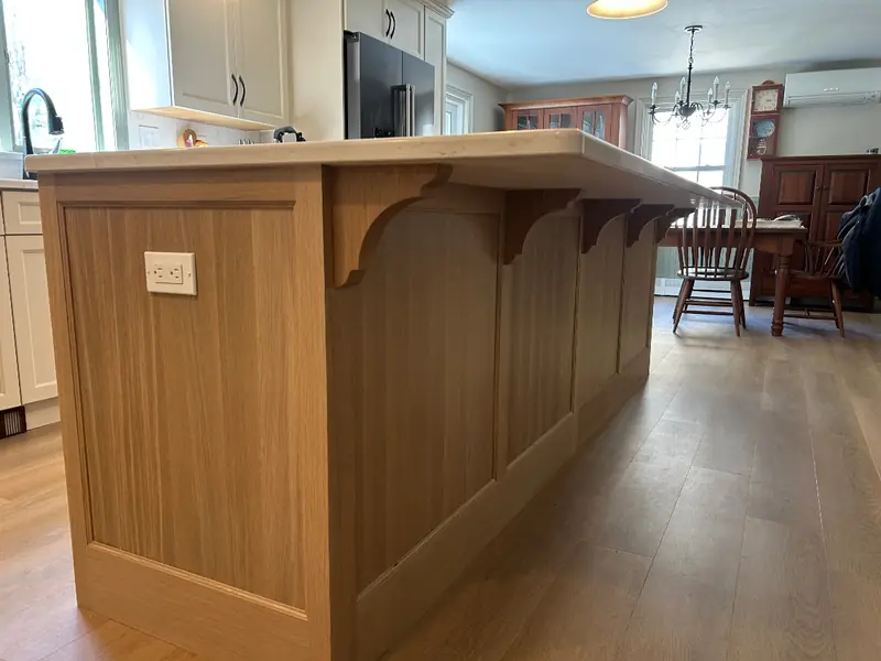 Natural rift-cut white oak kitchen island — the current modern wood trend — Homestead Cabinet Design Palmer MA