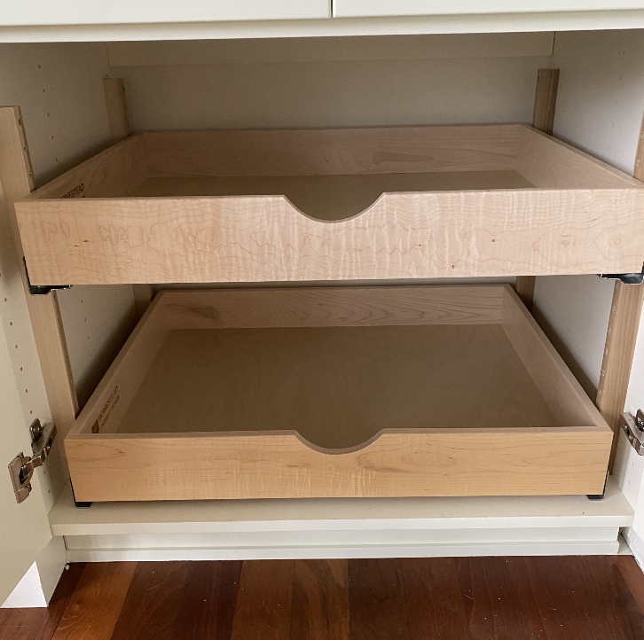 Pull-out drawer organizers added to existing cabinet boxes — kitchen storage upgrade Massachusetts