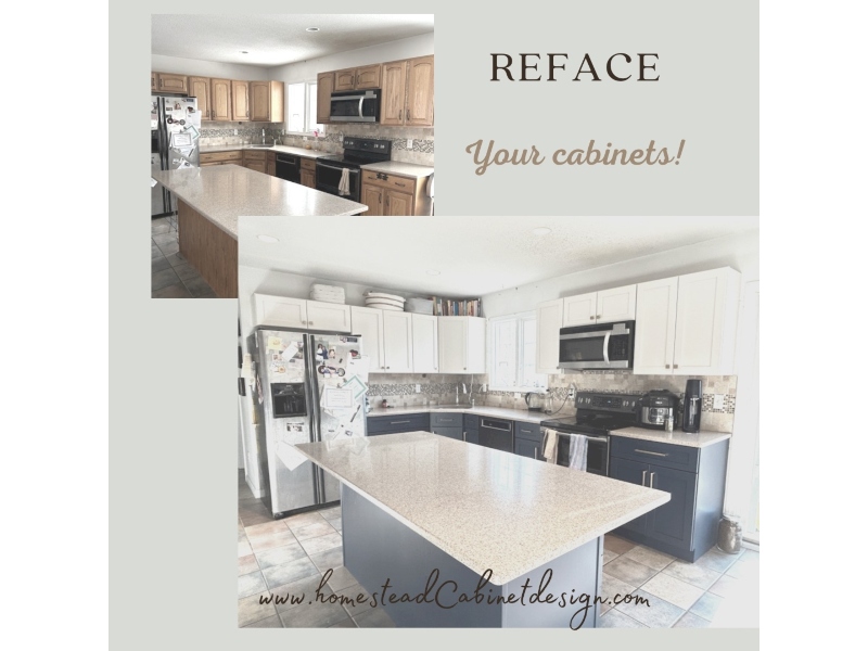 Cabinet refacing before and after transformation showing new doors and veneers on existing kitchen cabinets in Massachusetts