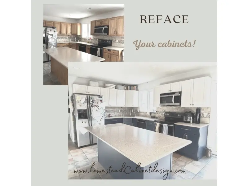 Cabinet refacing before and after transformation showing new doors and veneers on existing kitchen cabinets in Massachusetts
