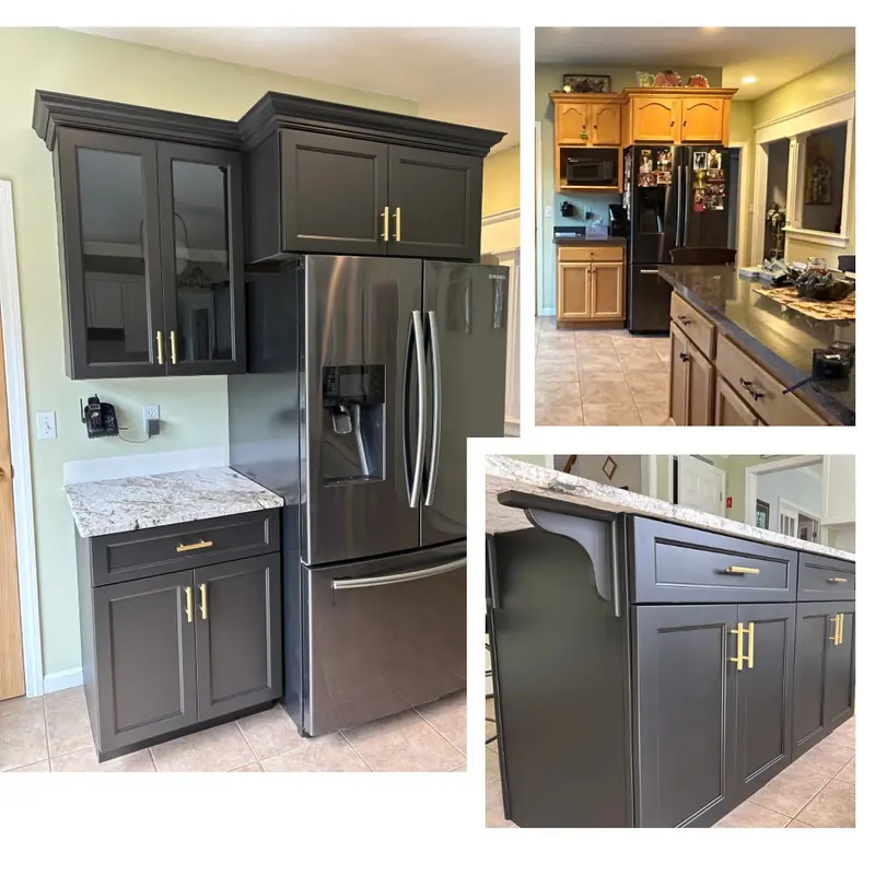 Two-tone cabinet refacing with black island accent cabinets and white uppers
