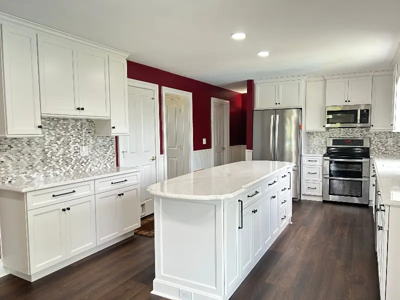 Custom built-in coffee bar with open shelving, espresso machine alcove, and lower cabinet storage — Massachusetts