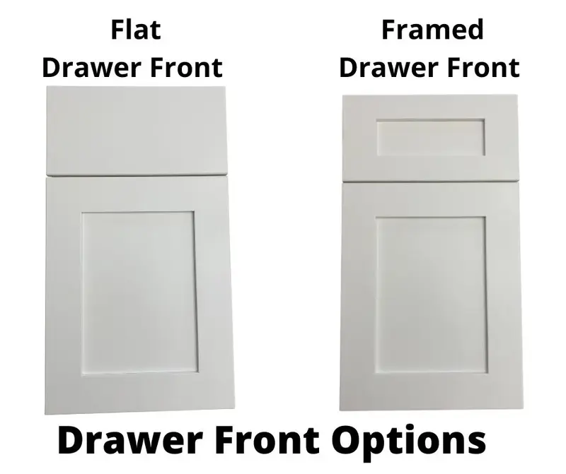 5-piece framed drawer front vs flat slab drawer front comparison on white shaker cabinet doors