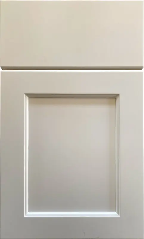 Cope cabinet door with flat slab drawer front