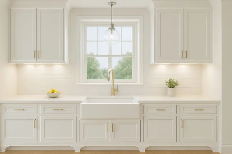 Farmhouse style cabinet refacing with white shaker doors and apron front sink