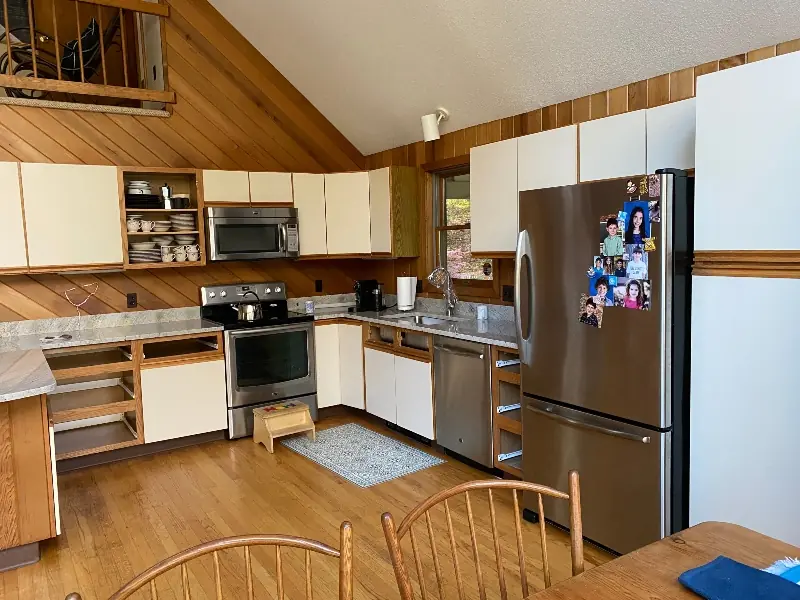 Built-in coffee bar station with open shelving and base cabinets — Massachusetts kitchen
