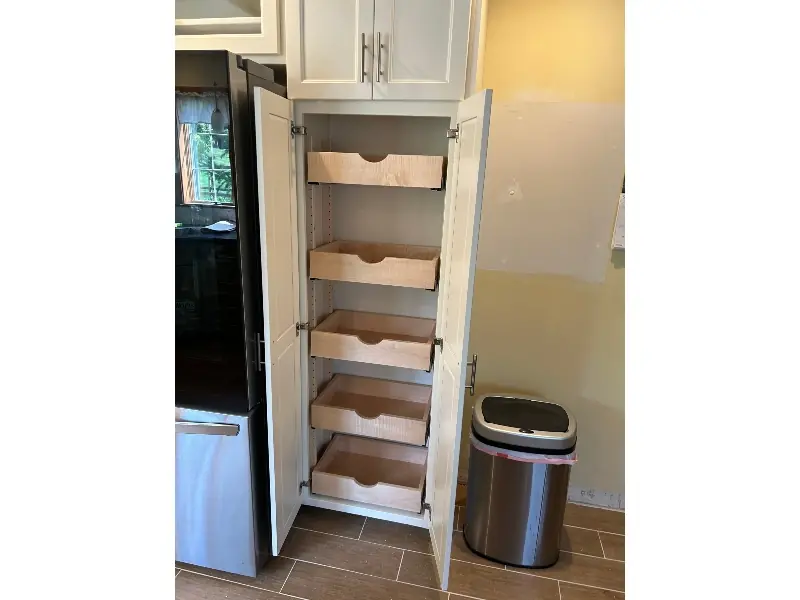 Pantry rollout drawer system for kitchen cabinet