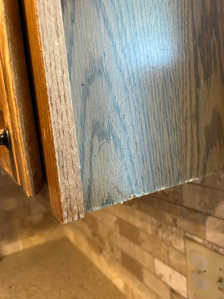 Particle-board cabinet box with damaged sides, a poor refinishing candidate — Homestead Cabinet Design Palmer MA