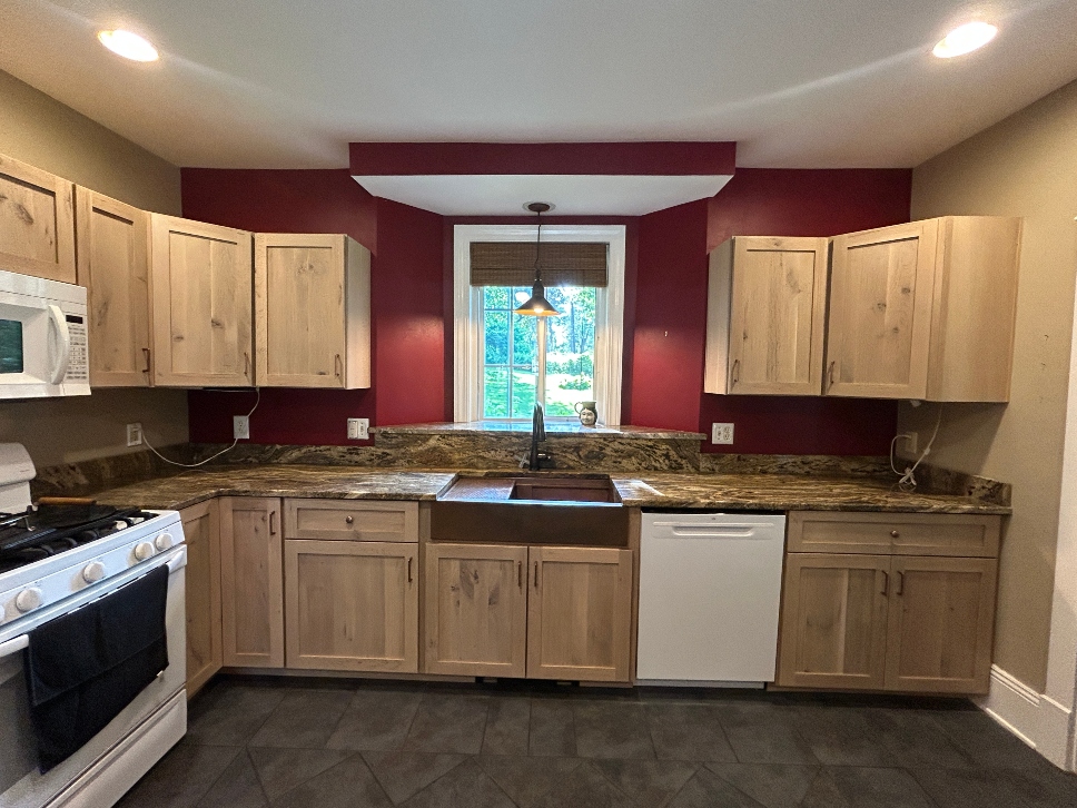 Rustic white oak cabinet refacing completed in Pittsfield Massachusetts