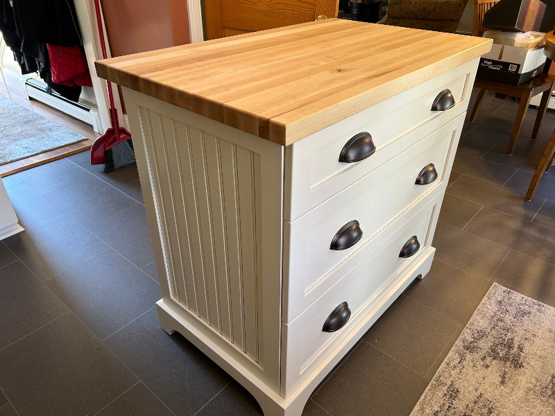 Small kitchen island addition — custom island add-on with refinished cabinets Massachusetts